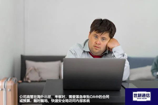 公司高管在海外出差、考察时，需要紧急审批OA中的合同或预算，随时随地、快速安全地访问内部系统--解决方案//世耕通信全球ERP、OA办公专网专线